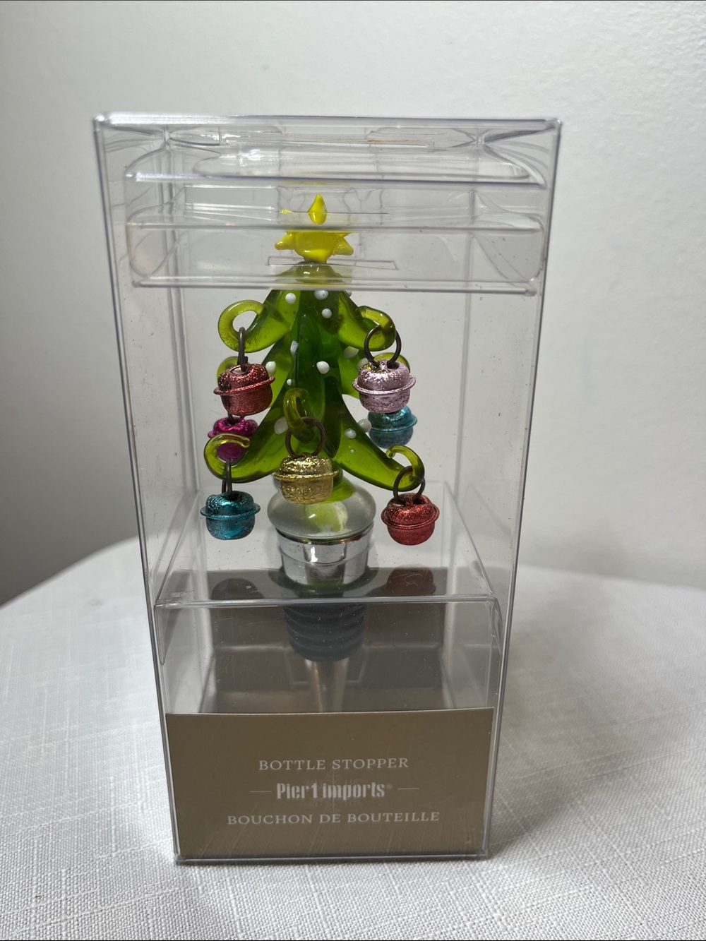 Pier 1 Green Glass Christmas Tree Wine Stopper with Multicolor Ornaments
New